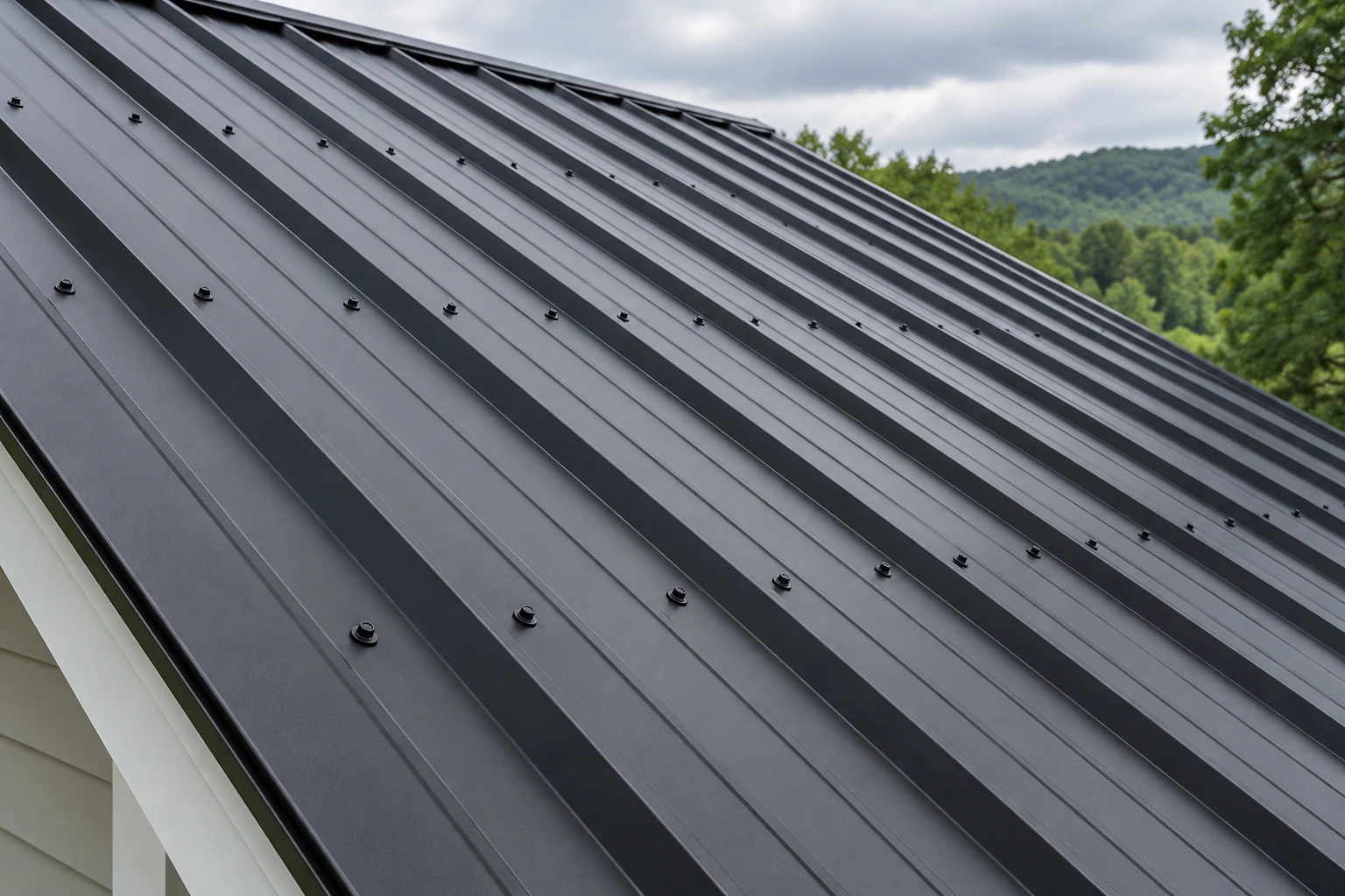Illustration of black Tuff Rib-style exposed-fastener metal roofing with visible screw heads