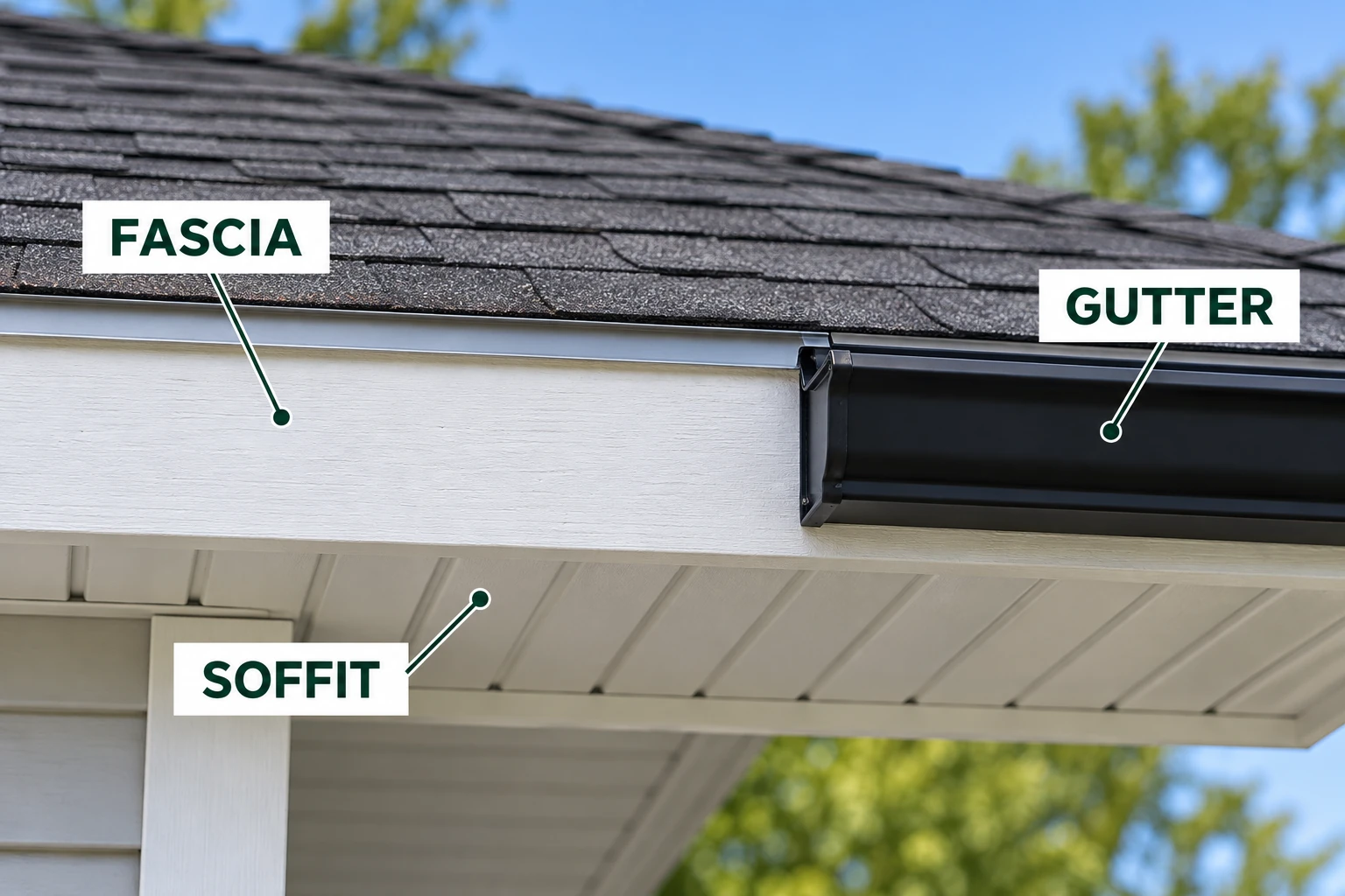 Illustration labeling the vertical fascia board behind a gutter and the soffit beneath the roof overhang