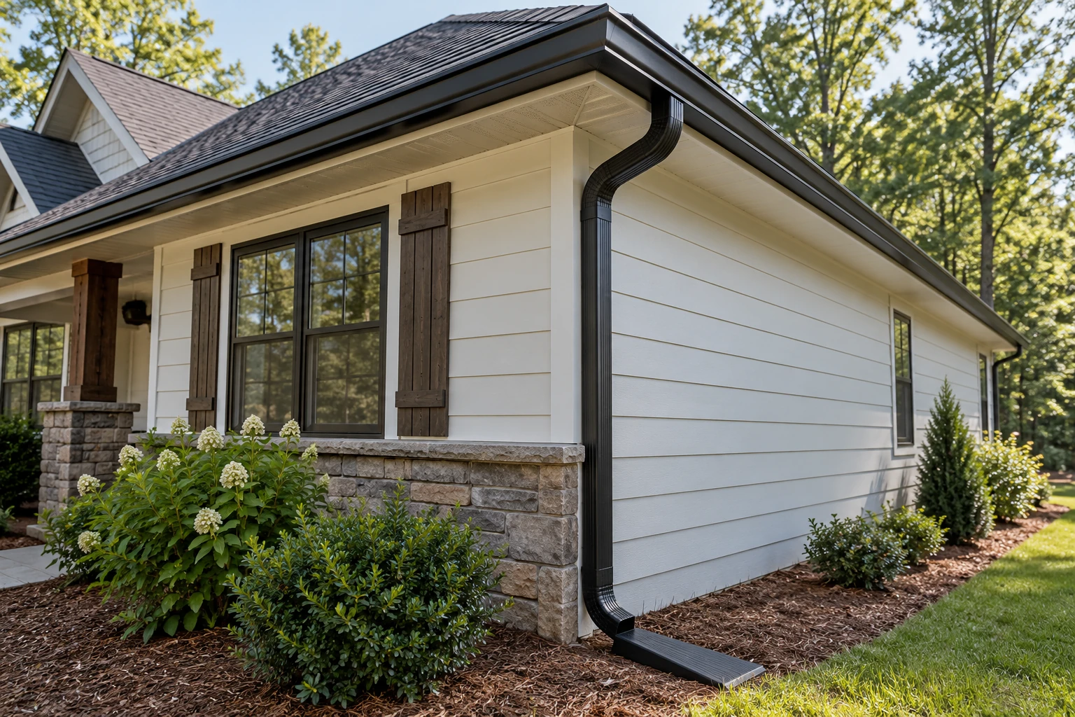 Illustrative home with black gutters and a downspout discharging above ground